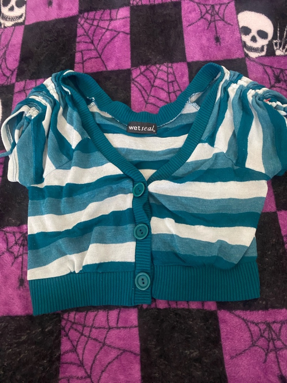 wet seal teal and white striped short sleeve cardigan